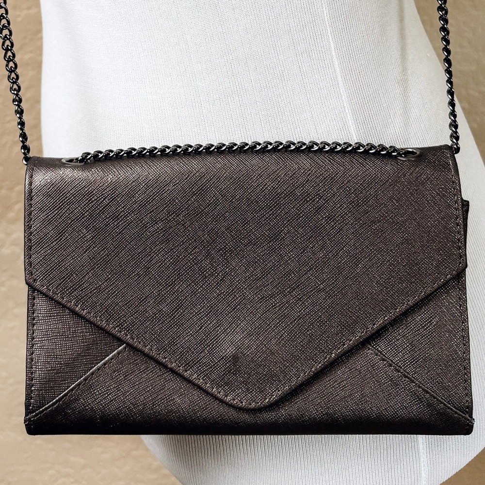 Barneys New York Metallic Bronze Saffiano Leather Envelope Crossbody Bag Chain